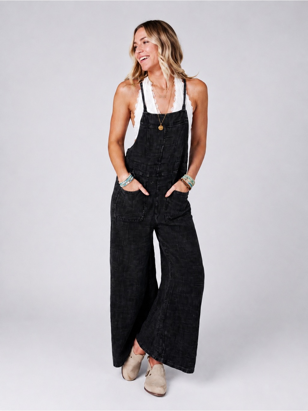 Easel Black Washed Cotton Wide Leg Jumpsuit Overalls Large NWT